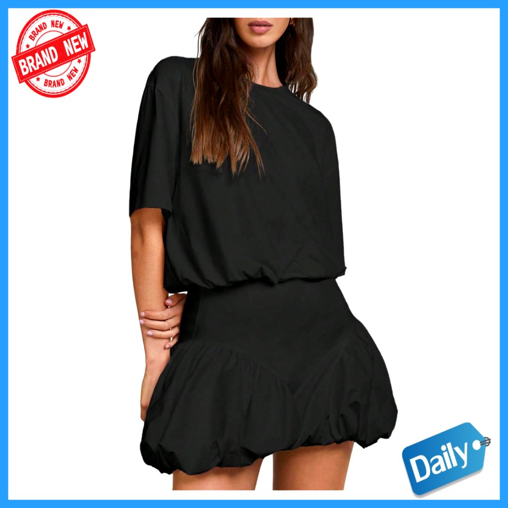 Bubble Mini Dress Short Sleeve Crewneck A-Line Y2k Casual Summer